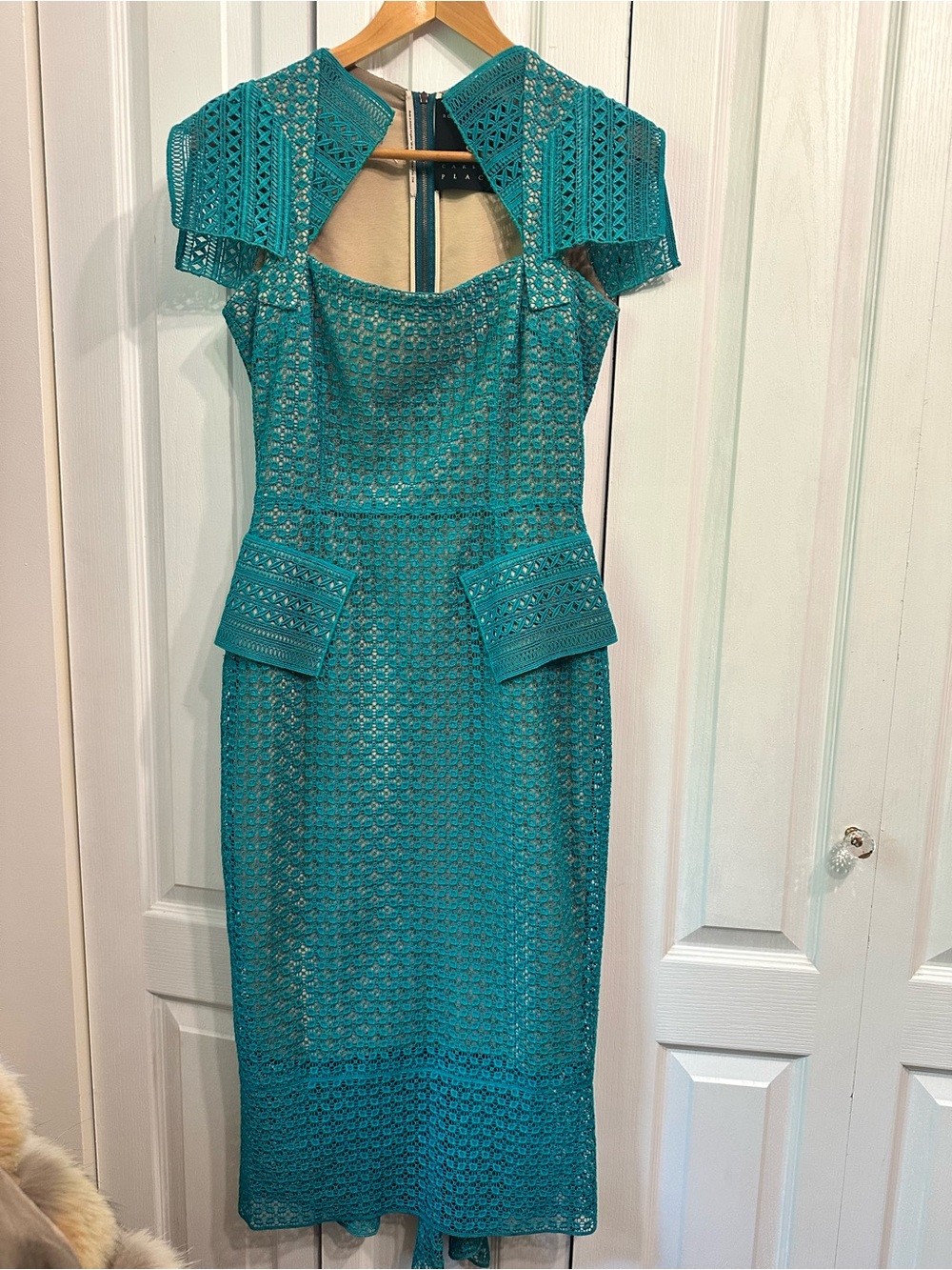 Firm Price/Roland Mouret Teal Lace Midi Dress with Structured Cap Shoulders